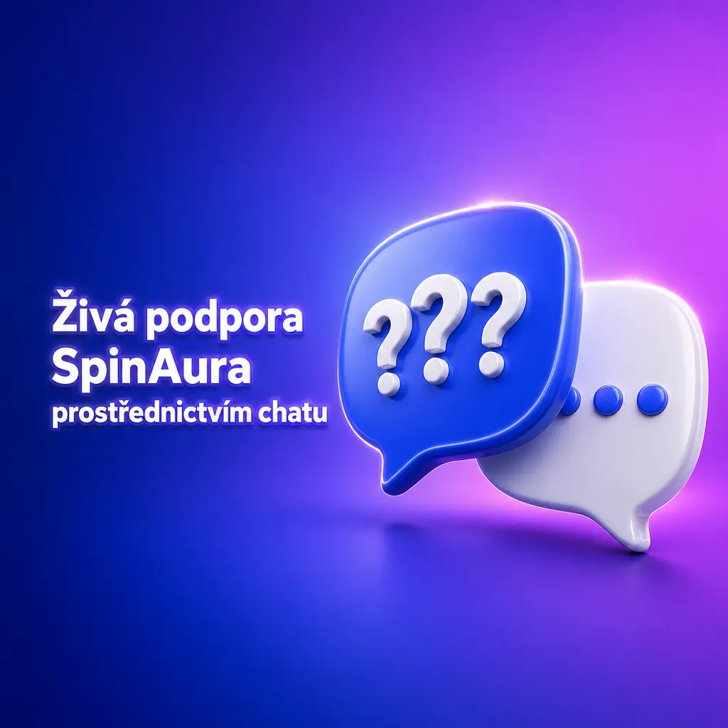 Živý chat podpory SpinAura na webu i v aplikaci, dostupný nepřetržitě pro rychlé řešení dotazů hráčů